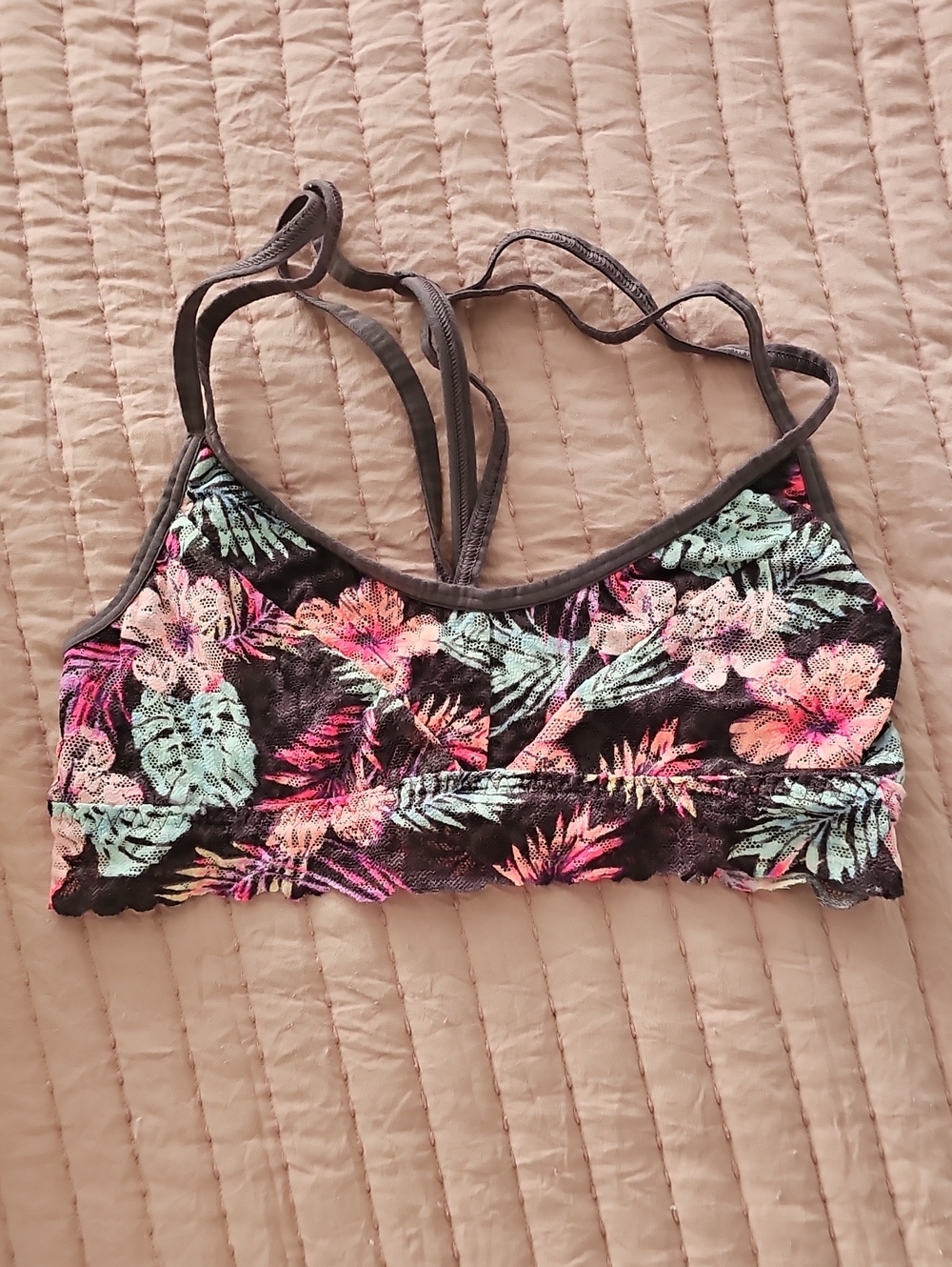 PINK Victoria's Secret Brown Lace Bralette with Pink & Mint Floral Aloha Sz XS